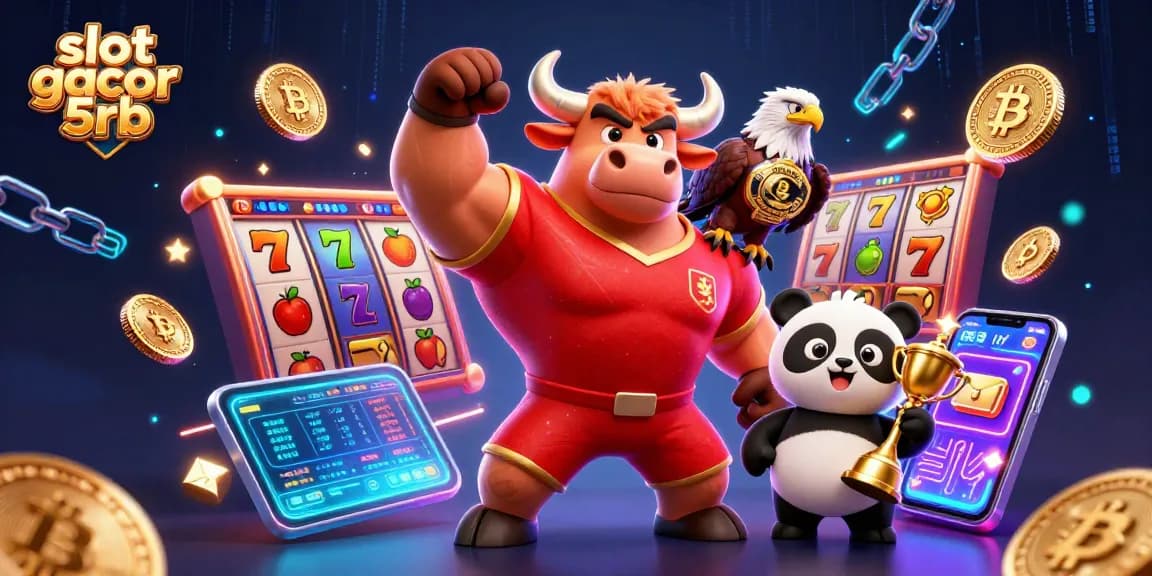 Engage in exciting slot gacor 5rb gaming with a vibrant 3D illustration featuring a victorious bull mascot and crypto symbols.