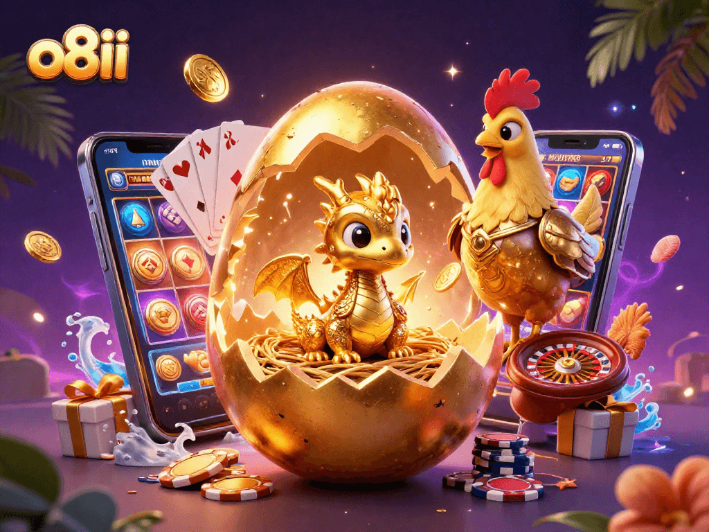 Spin and win with o8ii's thrilling golden dragon slot game experience amidst vibrant casino elements.