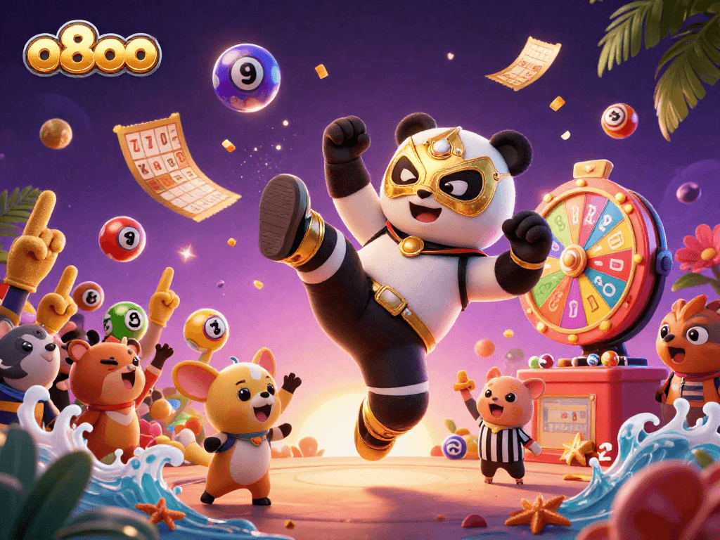 Experience vibrant fun and action at o8oo's colorful lottery scene, featuring a wrestling panda and lively animal fans.