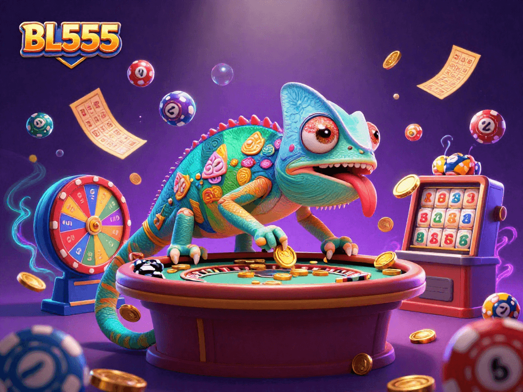 Experience thrilling casino action at BL555 with a colorful chameleon character grabbing coins amidst vibrant games.