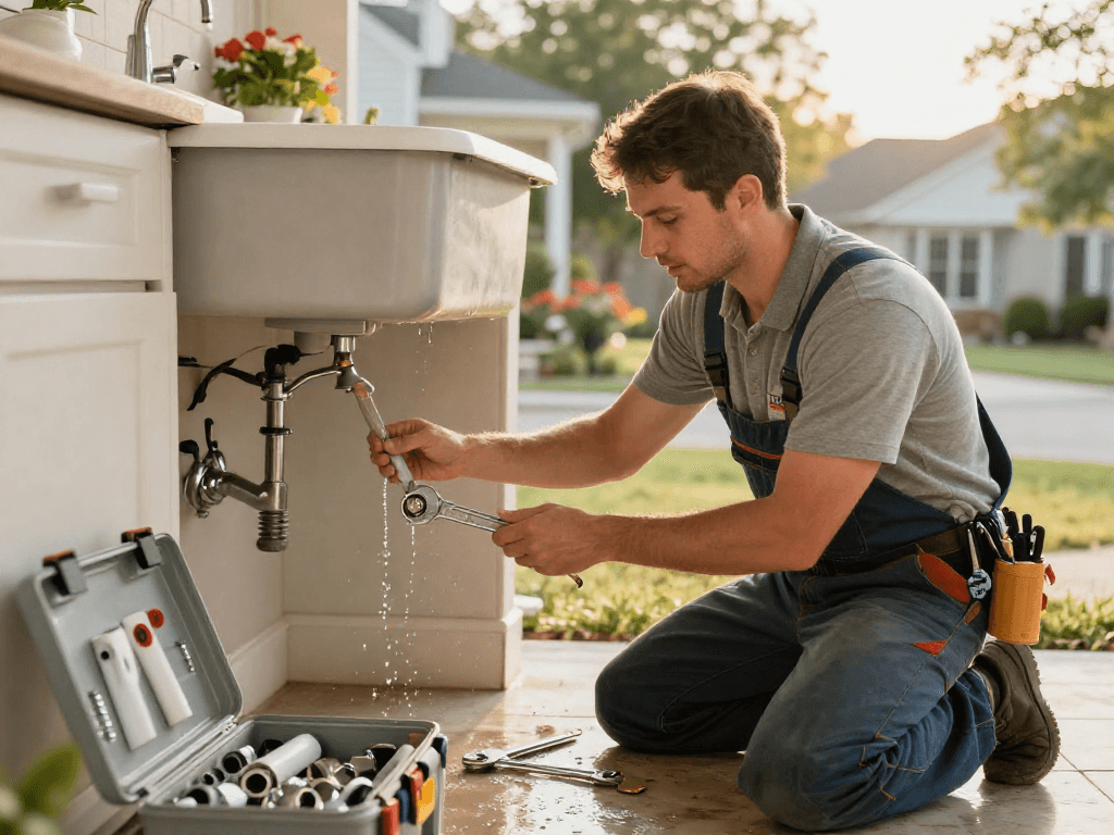 Dedicated plumber Fort Worth repairing sink, showcasing tools and home vibe.