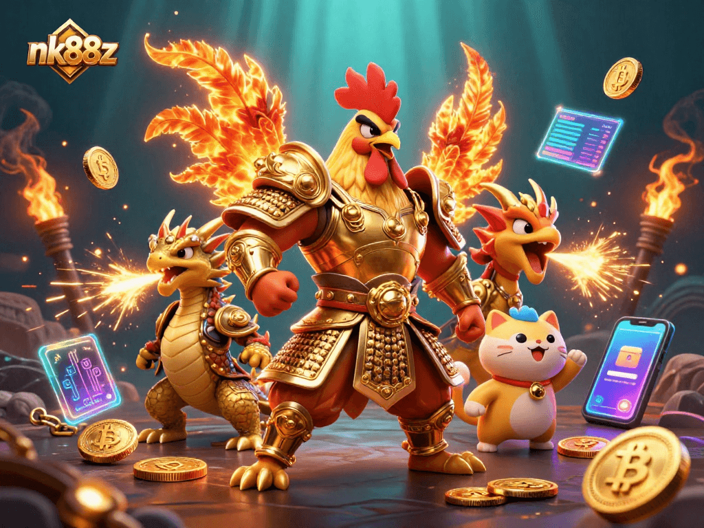 Experience exciting gaming moments at nk88z with a vibrant 3D illustration of roaring champions and crypto elements.