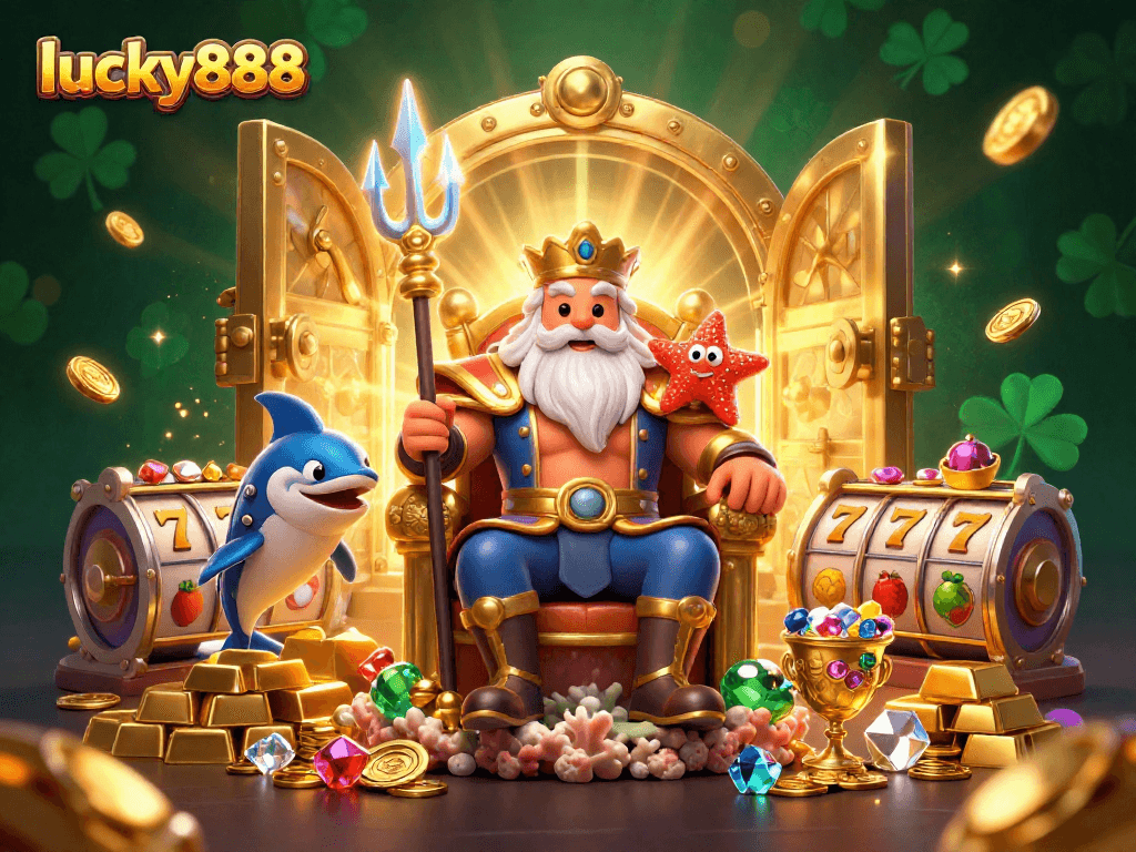 Engage in thrilling gameplay with lucky888 at a vibrant 3D casino scene featuring Neptune, gold treasures, and slot reels.