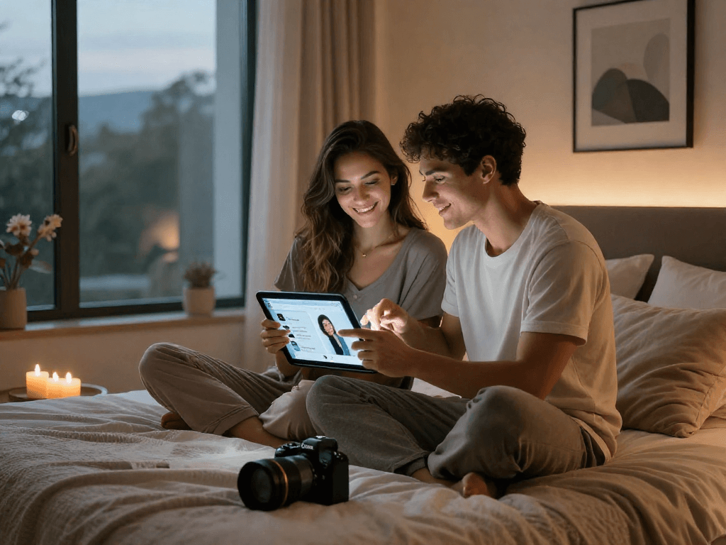 Couple using sex ai app on tablet in a modern, cozy bedroom.