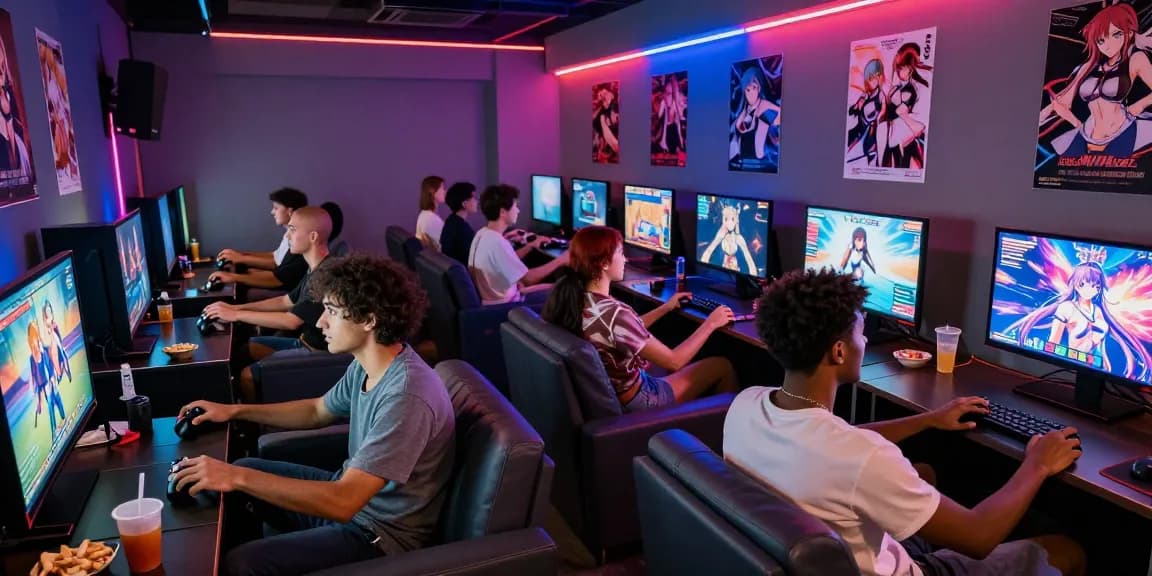 Players enjoying immersive hentai games in a vibrant gaming lounge with colorful LED lights.