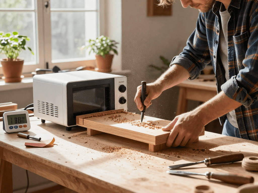 Shashel microwave equipment eliminating woodworm in a craftsman's workshop.