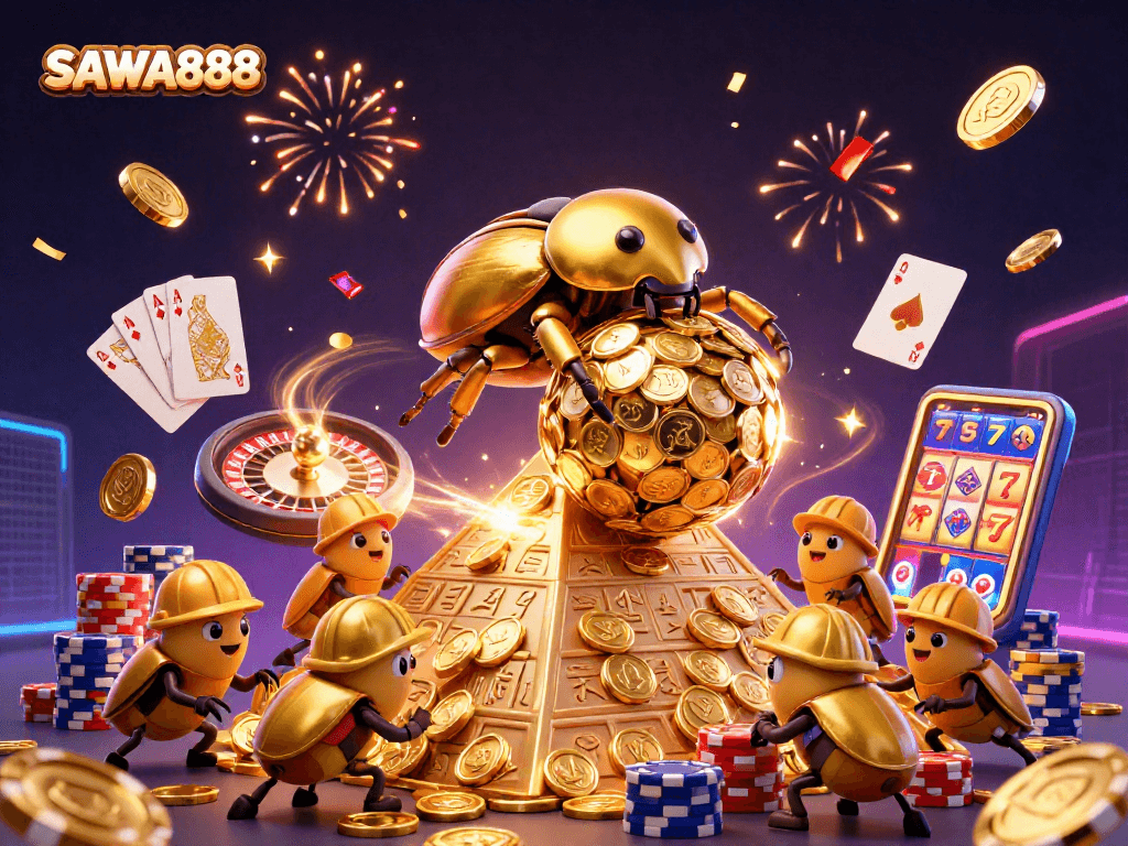 Engage with SAWA888 in a vibrant casino scene featuring golden beetles and cascading coins.