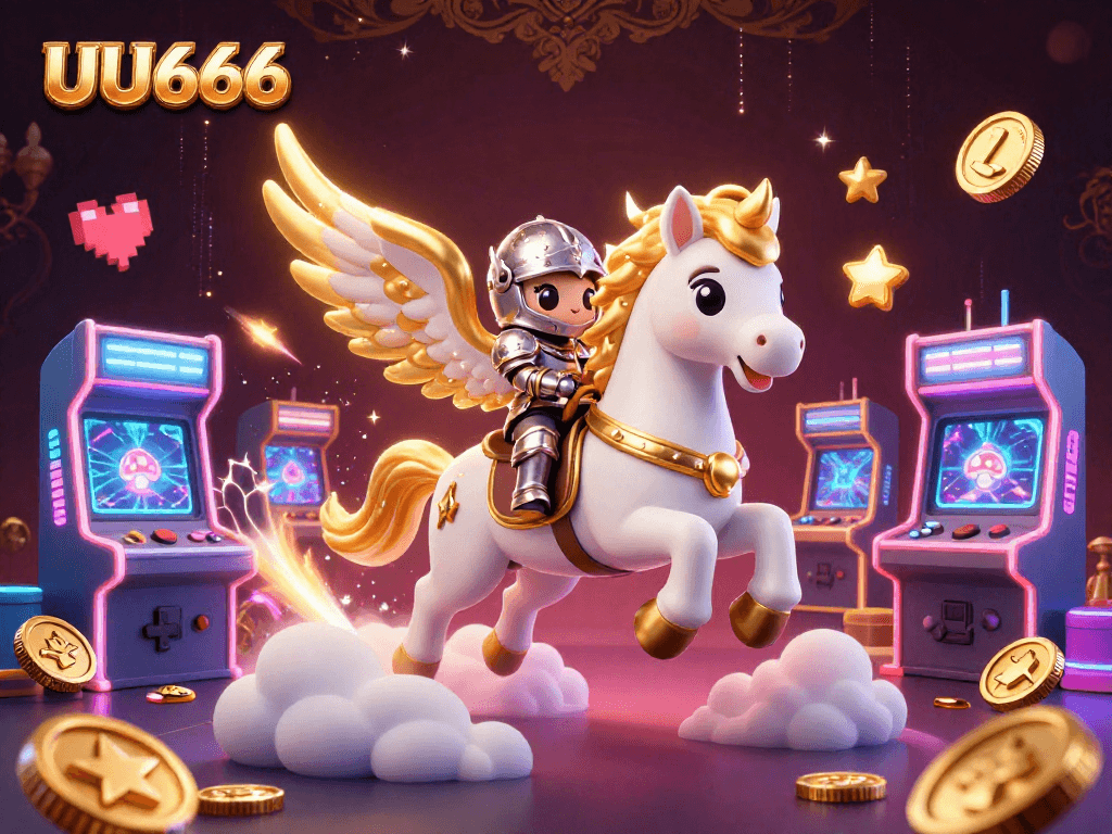 Join the vibrant world of UU666, where a celestial knight rides a mythical horse in a lively casino adventure.