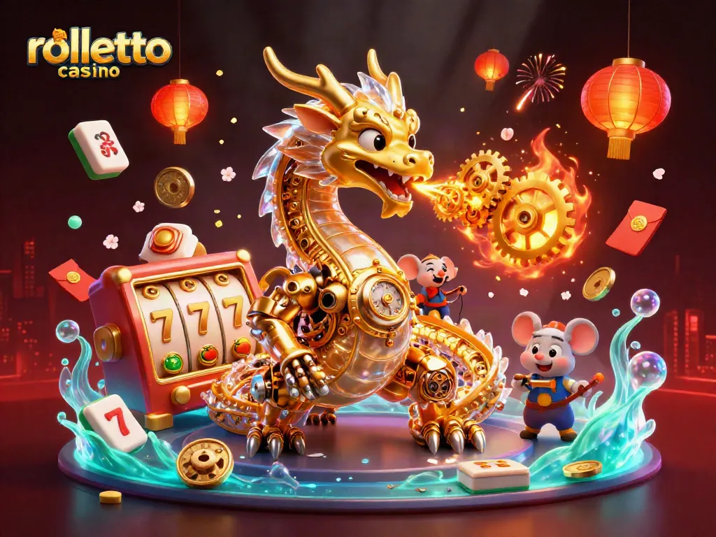 Experience the excitement of rolletto casino with a golden dragon amidst vibrant gambling elements.