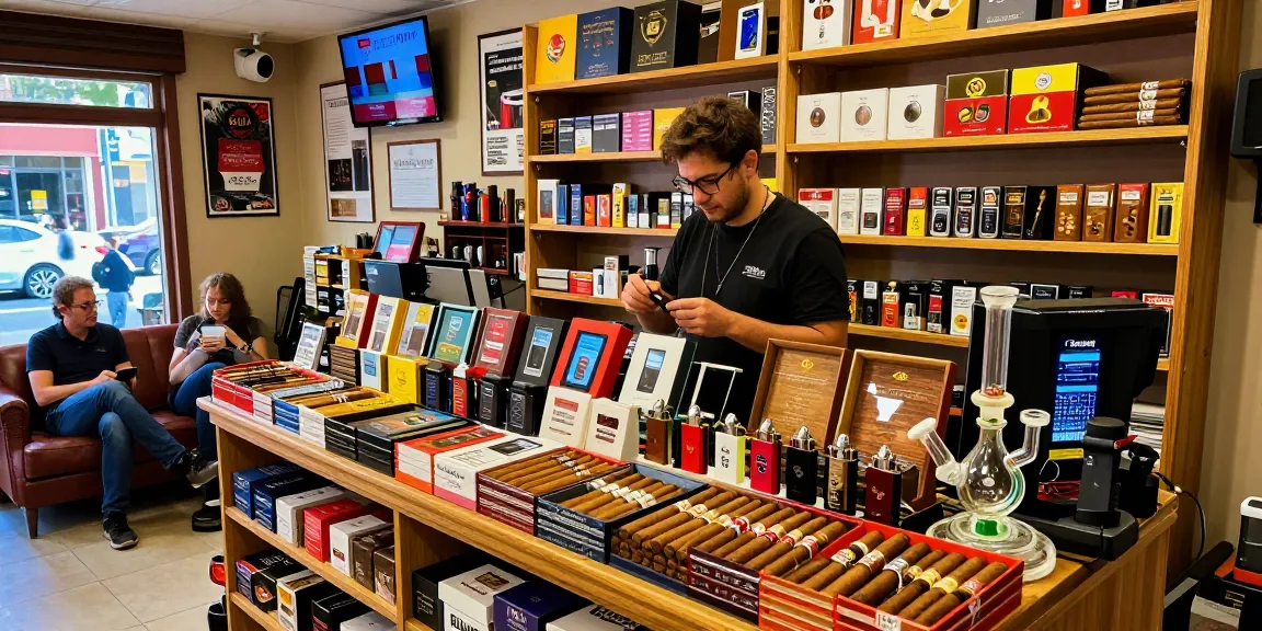 The colorful smoke shop features rokok88 products on display, inviting customers to explore smoking accessories in a cozy atmosphere.