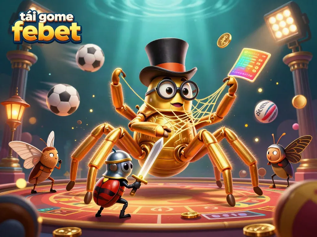 Engage in excitement with tải game febet in a vibrant, dynamic casino scene featuring cartoon characters and sports elements.