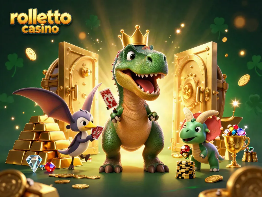rolletto casino scene showcasing a T-Rex shuffling cards with gold treasures surrounding