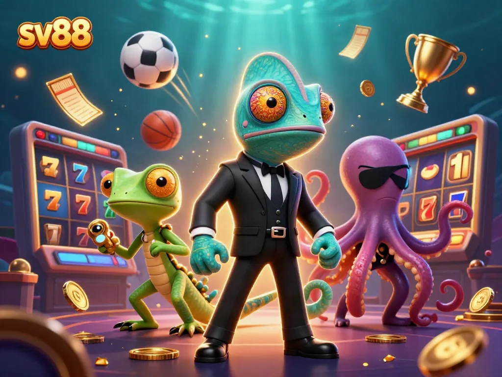 Experience sv88 with a vibrant casino scene featuring iconic slot game characters and elements.