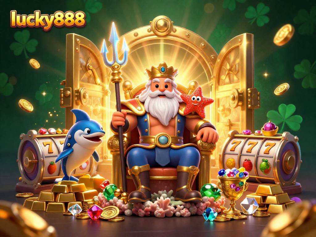 Engage in thrilling gameplay with lucky888 at a vibrant 3D casino scene featuring Neptune, gold treasures, and slot reels.