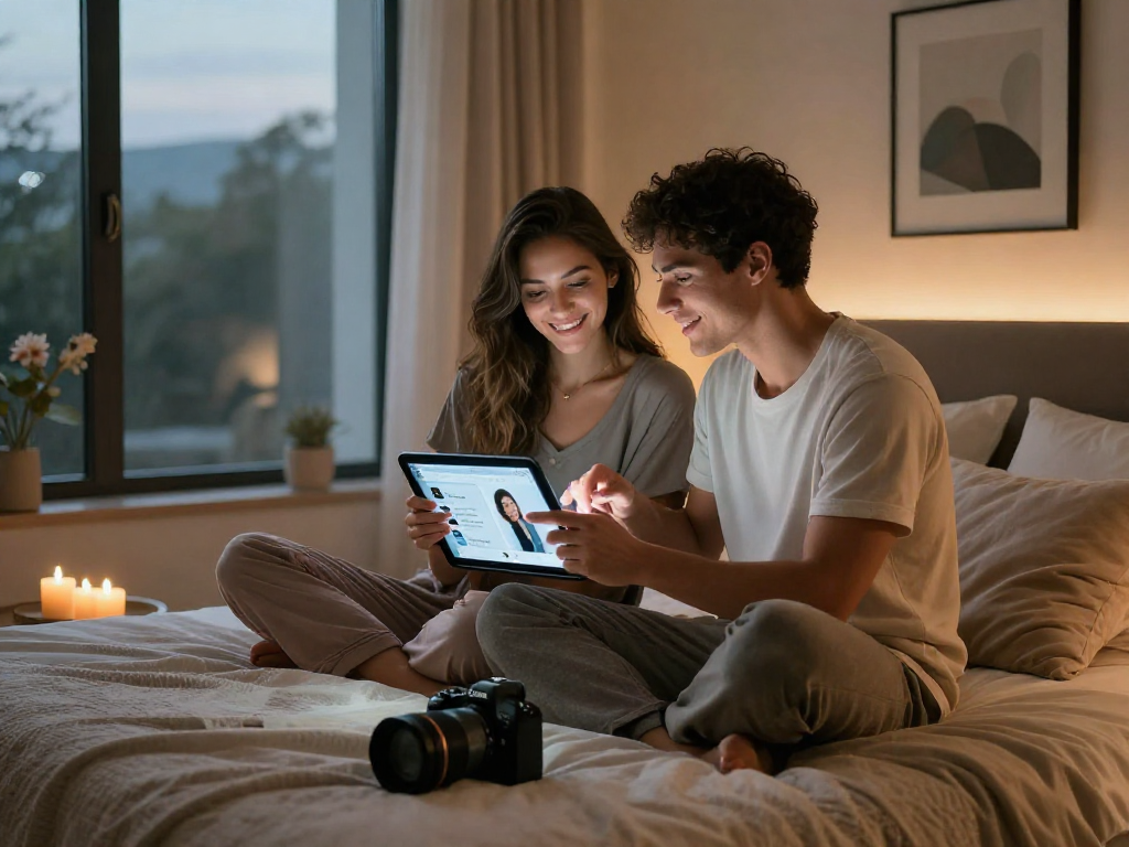 Couple using sex ai app on tablet in a modern, cozy bedroom.