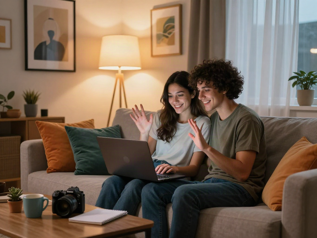 Couple engaged in a friendly sexchat via laptop in a cozy living room.