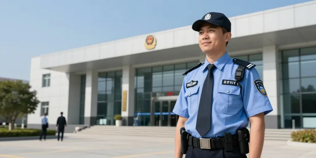 Security guard providing professional service at local corporate office.