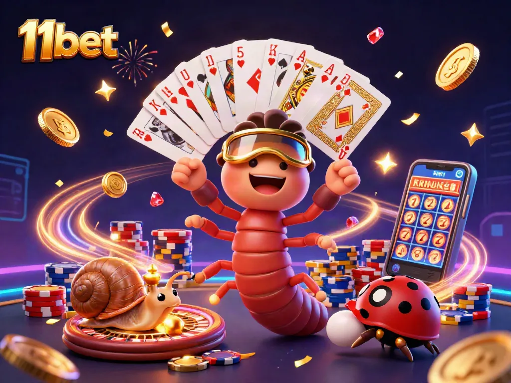 Join the excitement with 11bet's dynamic casino scene, featuring cartoon characters and vibrant gaming elements.