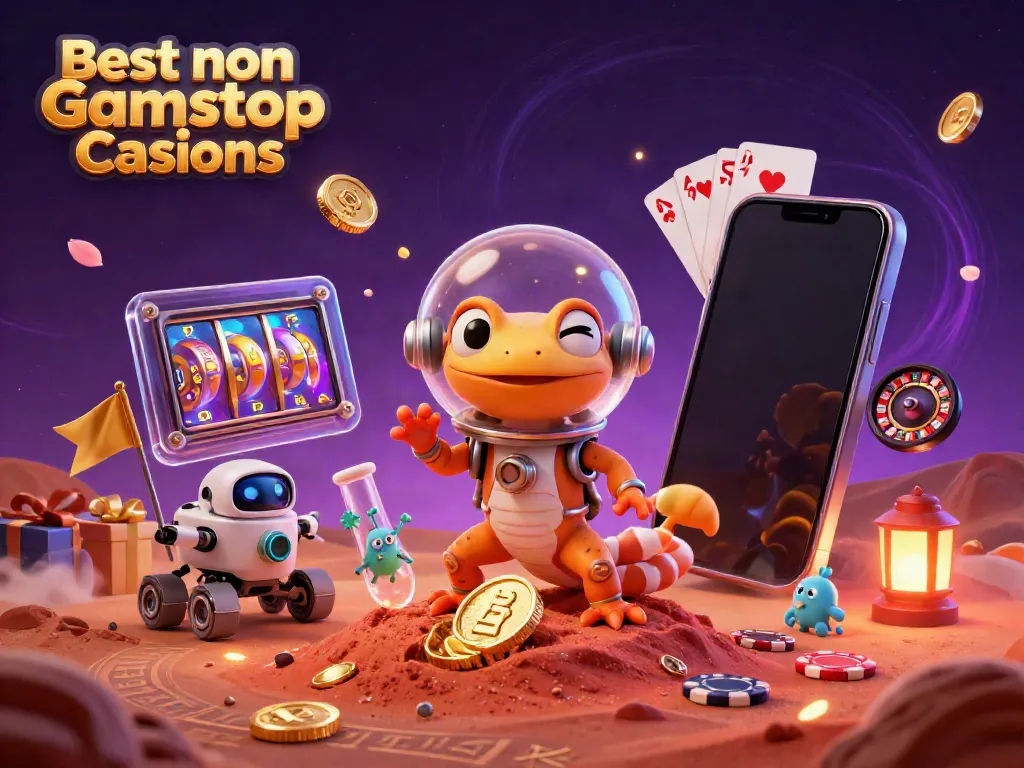 Experience the thrill of Best non Gamstop Casinos with a Martian gecko and robot exploring a golden casino.