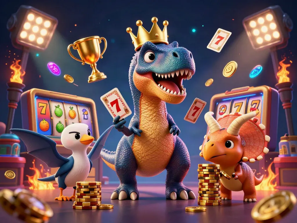 The learning centres showcase a playful casino scene with a T-Rex shuffling cards while stacking chips and vibrant slot elements.