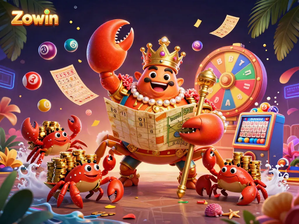 Zowin's engaging gambling experience with a golden crab emperor surrounded by vibrant lottery elements.