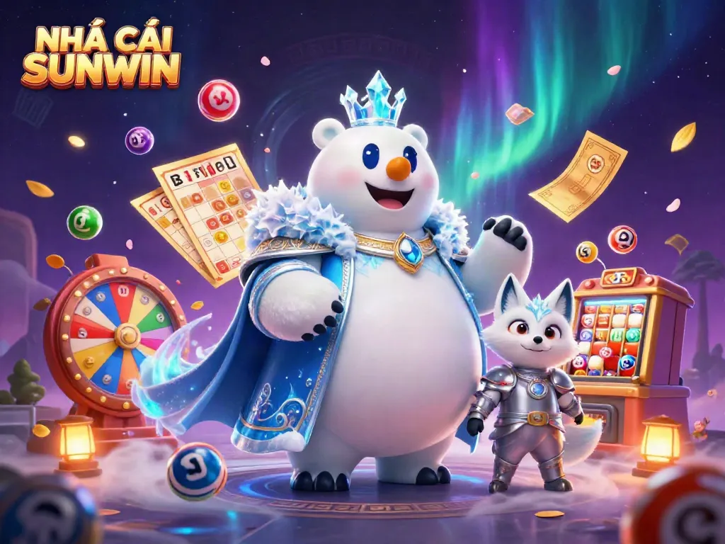 Experience the excitement with NHÀ CÁI SUNWIN's captivating cartoon scene featuring a royal polar bear and a snow fox amidst dynamic lottery elements.
