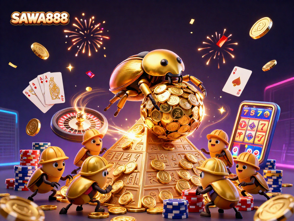 Engage with SAWA888 in a vibrant casino scene featuring golden beetles and cascading coins.