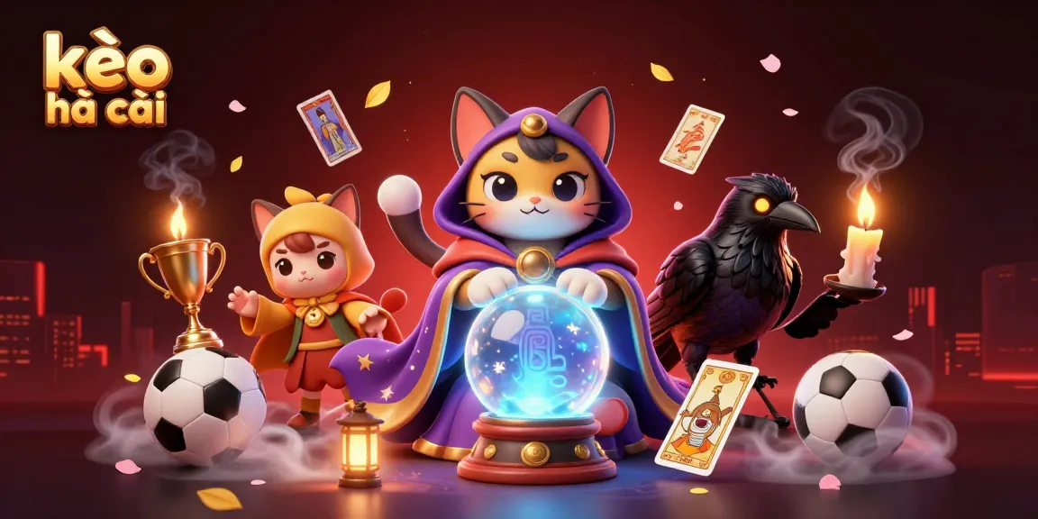 Bet on kèo nhà cái with vibrant sports elements and a mystical fortune teller scene.