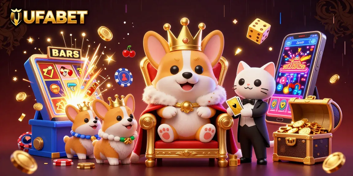 Experience the excitement of UFABET with a vibrant 3D casino illustration featuring a royal corgi and dynamic gaming elements.