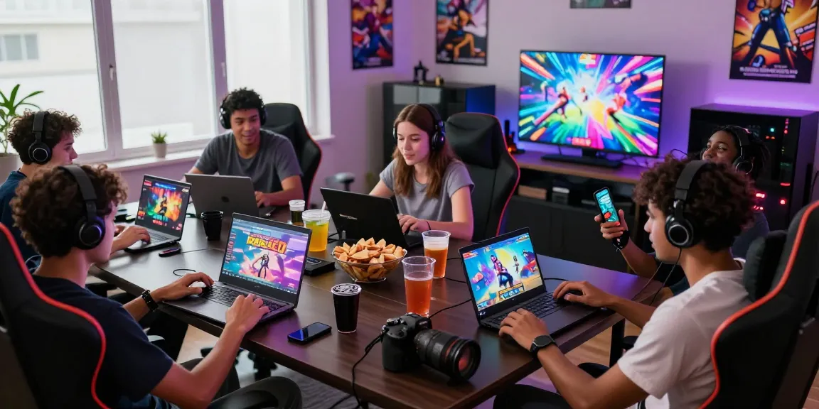 Players immersed in a cozy gaming environment enjoying free ecchi games on various devices with colorful lighting and vibrant game graphics.