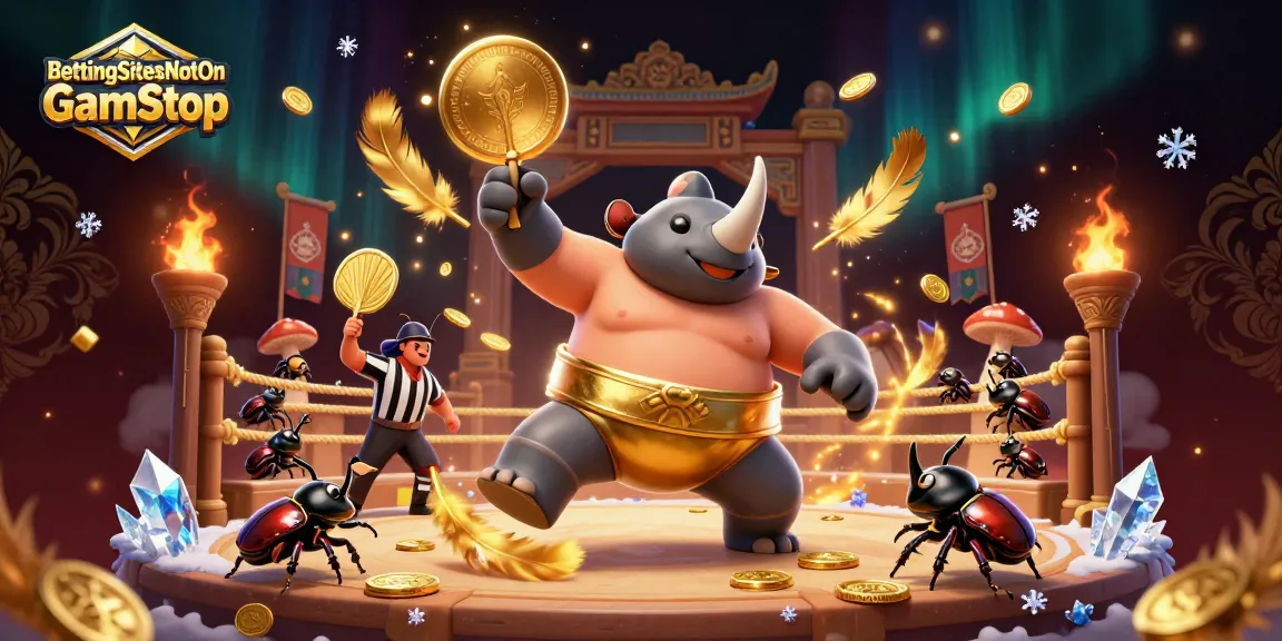 BettingSitesNotOnGamStop features a dynamic 3D scene with a beetle sumo champion and sports betting elements.