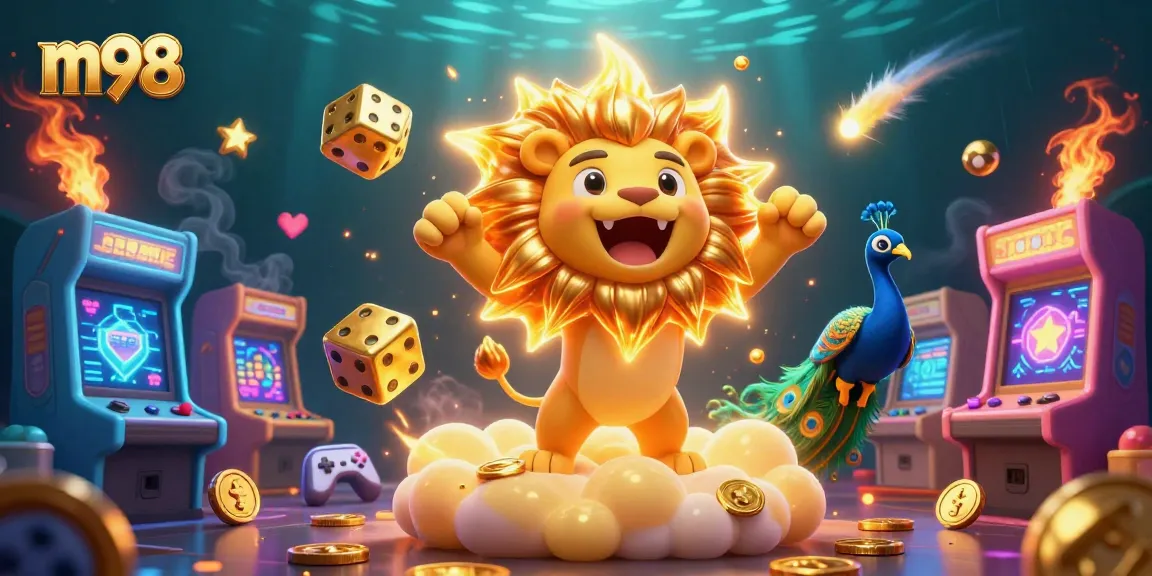 Experience thrilling m98 gaming with a vibrant 3D lion and dynamic casino elements.