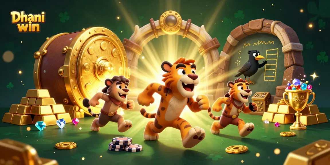 Dhani win: Experience thrilling gameplay with a cartoon caveman and companions at a prehistoric casino.