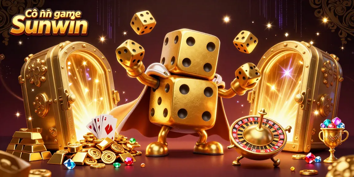 Cổng game Sunwin showcases a cartoon dice golem amidst gold treasures and vibrant casino elements.