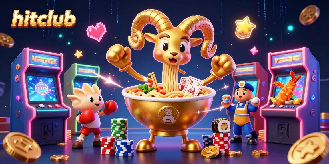 Experience hitclub's unique gaming scene with a giant ramen bowl dealer amidst vibrant 3D casino elements.