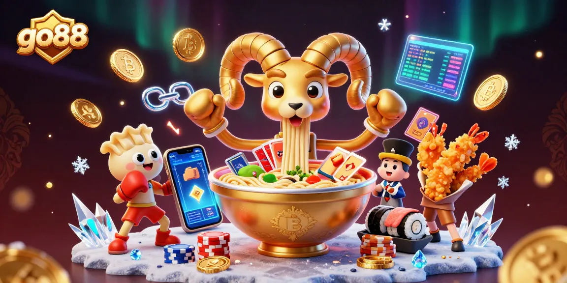 Engage with go88 casino features as giant ramen bowl deals cards, surrounded by neon coins.