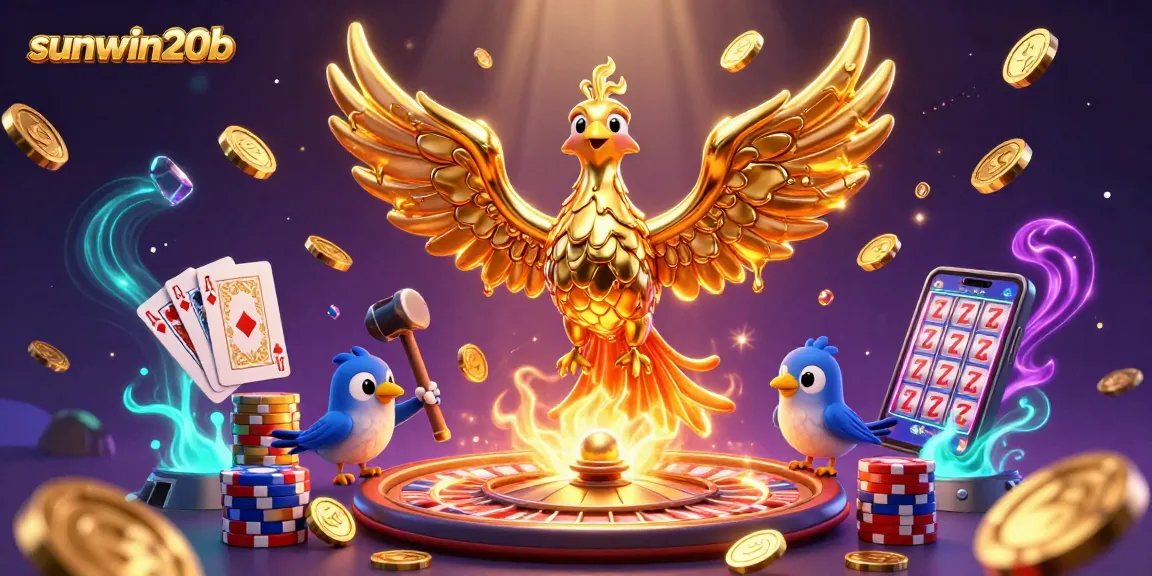 Experience the thrill of the casino with sunwin20b, featuring a golden phoenix and vibrant game elements.