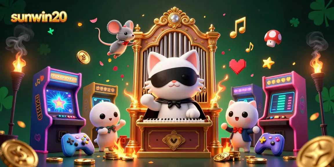 Engage with sunwin20 as a lively illustration of a casino scene featuring whimsical characters and vibrant game elements.
